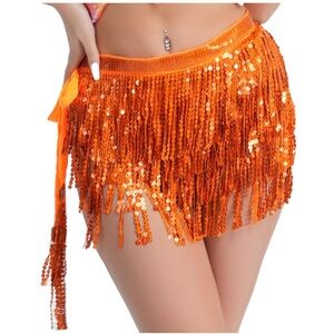 NWT Orange Sequin Sparkle Skirt Belly Dance Hip Scarf One Size Multi Wear